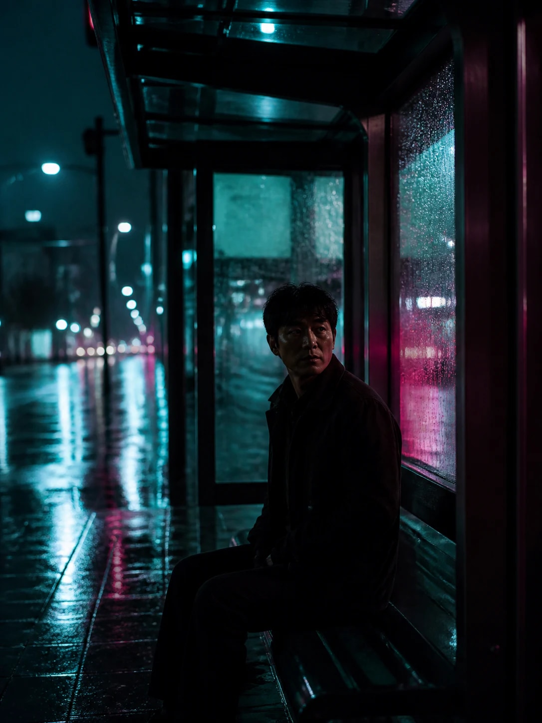 青色与洋红反射中的雨夜候车人物竖幅画面